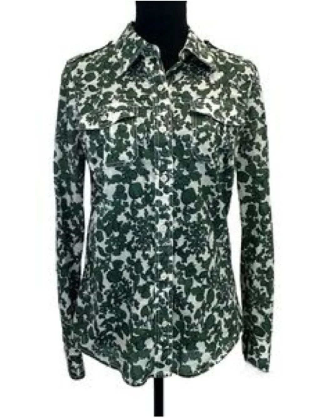 Tory Burch Womens Green White Vine Pattern Brigitte Button Up cotton top Size 6